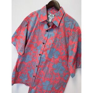 Two Palms Mens Hawaiian‎ Shirt Coral Blue Hibiscus Pineapple Print Cotton Large